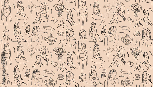 Vector illustration. Beautiful women. The body is positive. Seamless pattern of linear sketches. Female silhouettes for wall art. Modern bohemian illustrations. Elements for the fine arts.