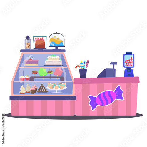 A windfall of sweets.Confectionery store, a counter with a cash register. Vector illustration