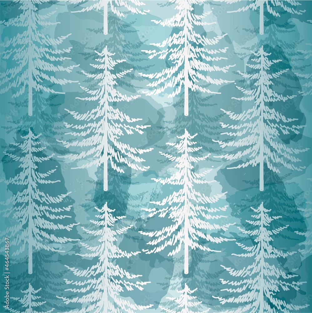Christmas tree seamless vector pattern. Watercolor Noel firs print, winter frozen pine trees on blue background, wallpaper, wrapping paper design