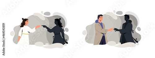 Meeting with unconscious part of self concept. Man and woman touch shadow of their personality. Unfamiliar dark side of psychology. Cartoon flat vector collection isolated on white background photo