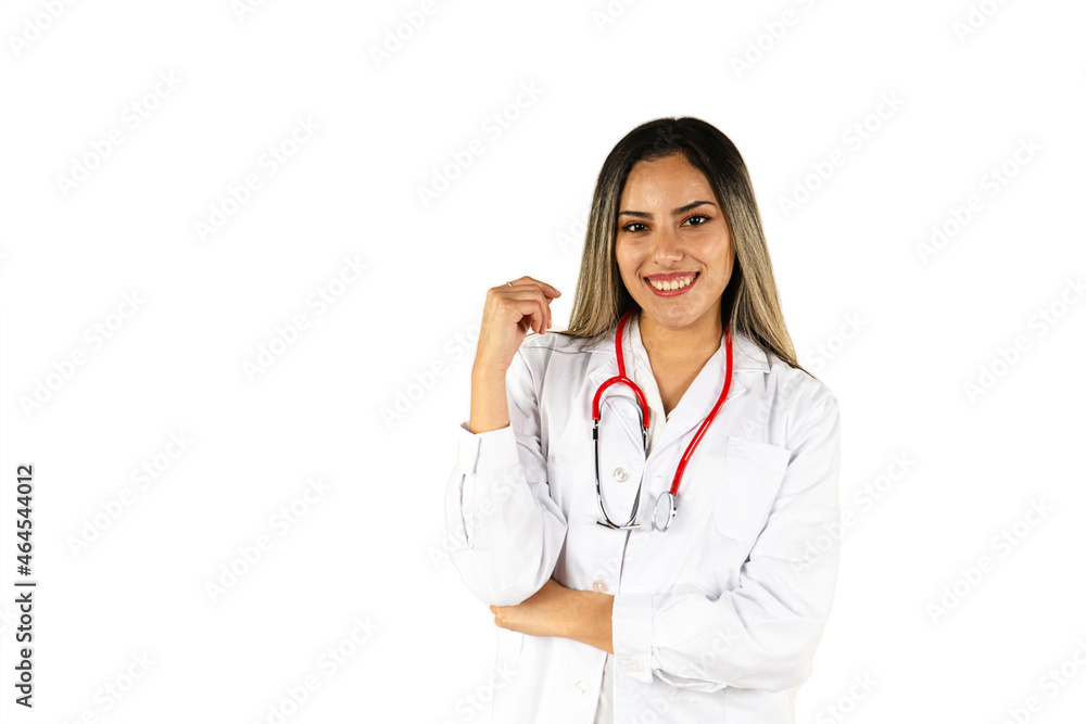 Young doctor with her stethoscope smiling on white background. Concept of professional woman, health personnel. Young doctor with her stethoscope smiling on white background. Concept of professional woman, health personnel.