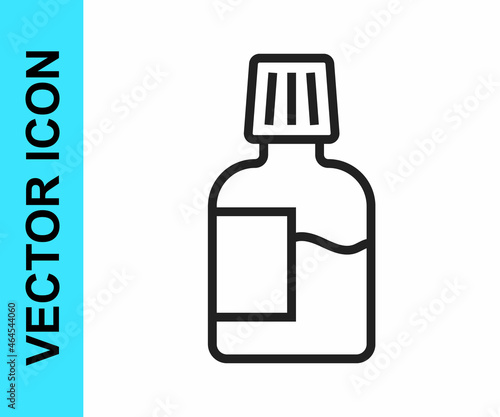 Black line Mouthwash plastic bottle icon isolated on white background. Liquid for rinsing mouth. Oralcare equipment. Vector