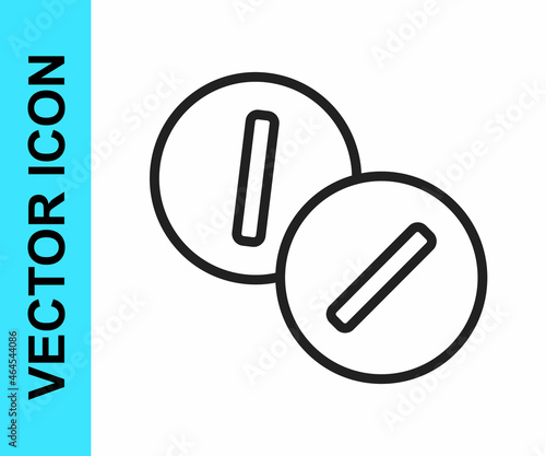 Black line Toothache painkiller tablet icon isolated on white background. Tooth care medicine. Capsule pill and drug. Pharmacy design. Vector