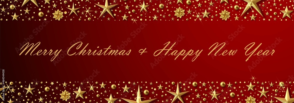 Naklejka premium Red christmas background with gold stars and balls. 