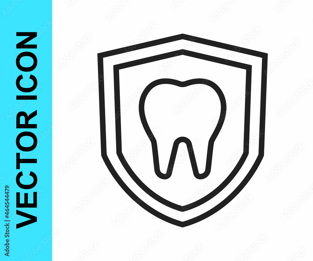 Black line Dental protection icon isolated on white background. Tooth on shield logo. Vector Black line Dental protection icon isolated on white background. Tooth on shield logo. Vector