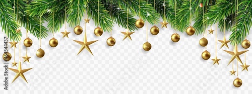 Christmas banner with fir branches, stars and christmas balls isolated on transparent background.	