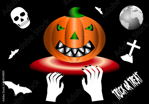 Calabaza de Halloween con una calavera, una cruz, un murciélago y un planeta Tierra