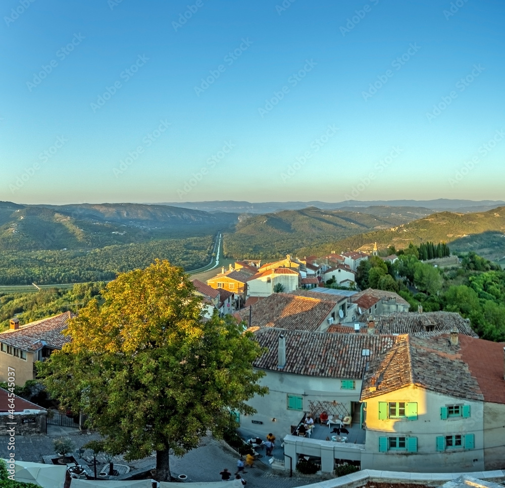 Panoramic view from the city wall of Motovun over the surrounding countryside during the day
