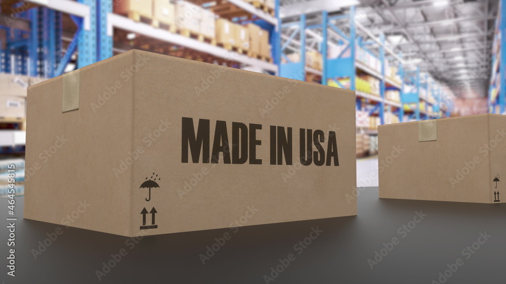 Boxes with MADE IN USA text on conveyor. American goods related. 3d ...