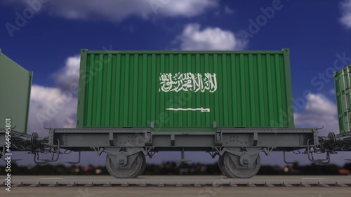 Train and containers with the flag of Saudi Arabia. Railway transportation. 3d rendering