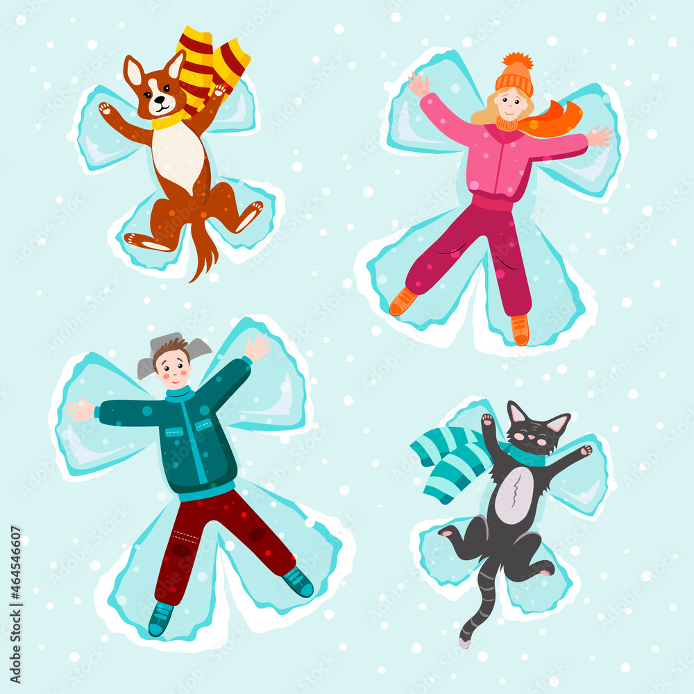 People are lying in the snow with a dog and a cat. Making angels with snow. Snow angel concept. Vector greeting card template with happy people and funny pets. People are lying in the snow with a dog and a cat. Making angels with snow. Snow angel concept. Vector greeting card template with happy people and funny pets.