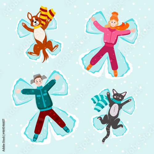 People are lying in the snow with a dog and a cat. Making angels with snow. Snow angel concept. Vector greeting card template with happy people and funny pets.