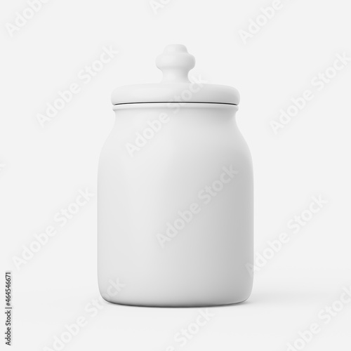 Photo Cookie jar in white with lid on a plain background. 3d render.