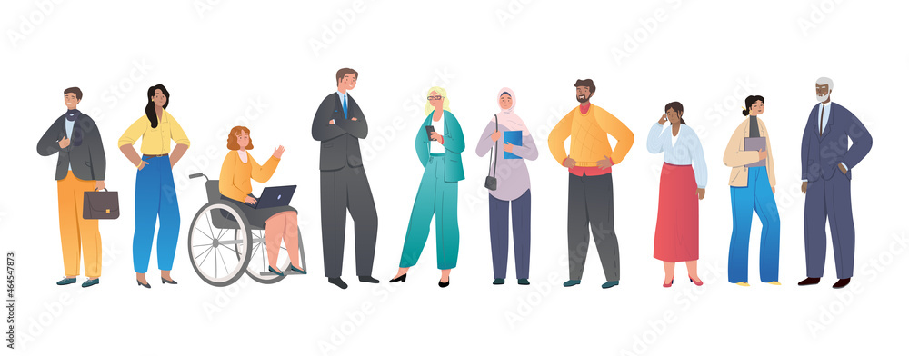 Multinational business team. Men and women of different nationalities, ages and professions work together. Equality of opportunity. Cartoon flat vector illustration isolated on white background