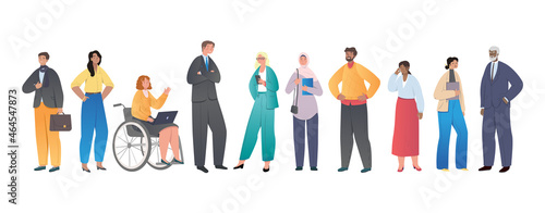 Multinational business team. Men and women of different nationalities, ages and professions work together. Equality of opportunity. Cartoon flat vector illustration isolated on white background