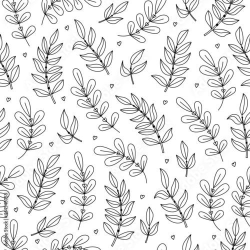 Botanical vector seamless pattern with plants and flowers. Outline illustrations