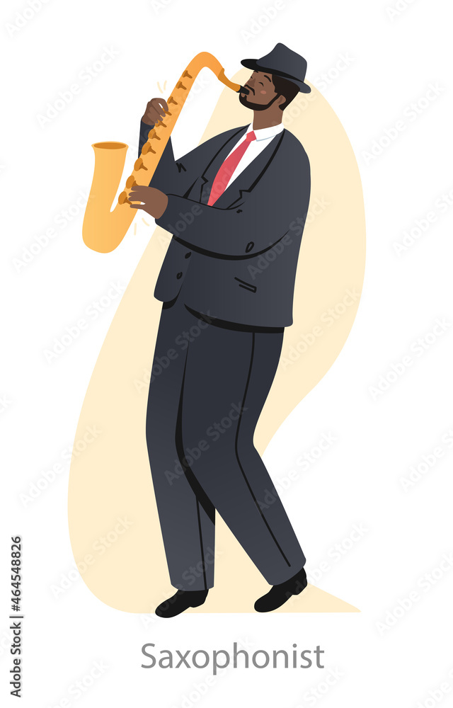 Obraz premium Male Saxophonist concept. Young man skillfully plays wind musical instrument. Character in jazz band performs on stage. Cartoon contemporary flat vector illustration isolated on white background
