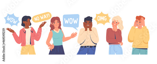 Shock and surprise reactions set. Young men and women with joyful or confused emotions from good news. Character says OMG and WOW. Cartoon modern flat vector collection isolated on white background