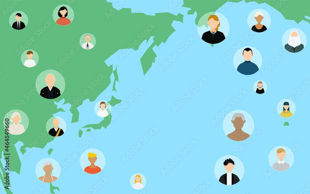 グローバルビジネスのイメージ、日本周辺の世界地図と人物アイコン