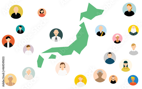日本全国に広がる顧客のイメージ、日本地図と人物アイコン