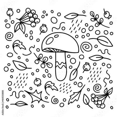 Boletus edulis mushroom set with leaves and berries in black color isolated on a white background for autumn or thanksgiving cards, t-shirt design, coloring page. Vector illustration