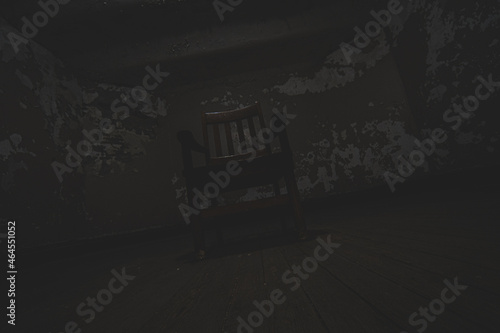 mysterious chair sits alone in a dark empty room