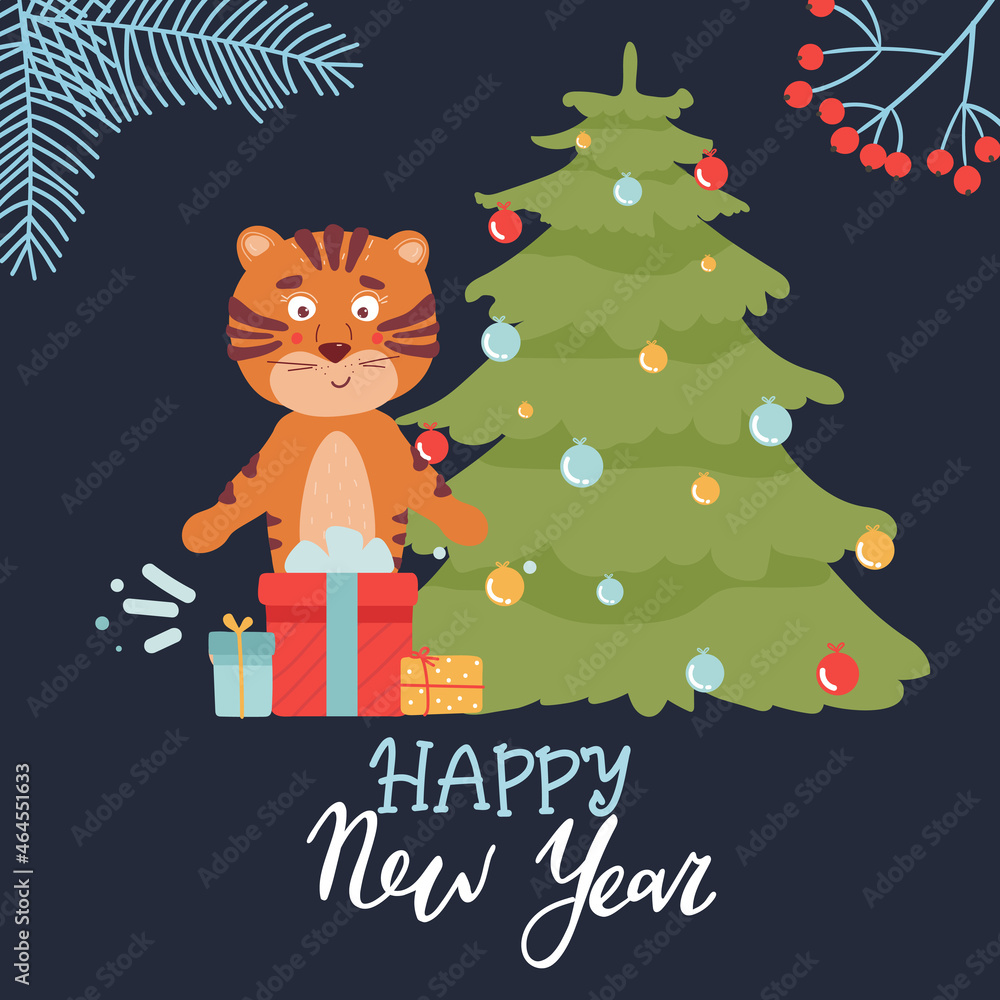 Greeting Christmas cards with tigers. Tiger with a Christmas tree. Tiger with gifts. Vector illustration. Happy New Year Greeting Christmas cards with tigers. Tiger with a Christmas tree. Tiger with gifts. Vector illustration. Happy New Year
