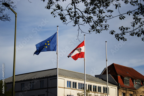 Austrian and European flag at the Austrian Embassy in Berlin