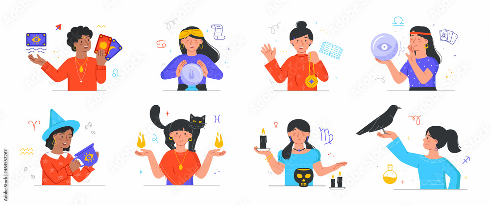 Set of female fortune tellers predicting future. Women with magical attributes. Characters with raven, tarot cards, candles and amulet. Cartoon flat vector collection isolated on white background Set of female fortune tellers predicting future. Women with magical attributes. Characters with raven, tarot cards, candles and amulet. Cartoon flat vector collection isolated on white background