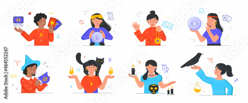 Set of female fortune tellers predicting future. Women with magical attributes. Characters with raven, tarot cards, candles and amulet. Cartoon flat vector collection isolated on white background