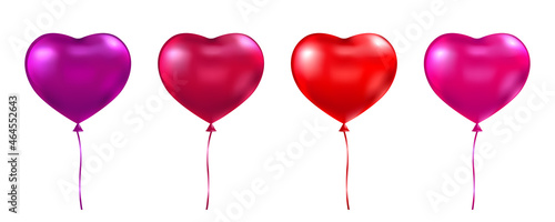 Helium 3d love ballon set. Heart balloon. Red and pink air baloon. Valentine day background. Anniversary celebration party. Happy Birthday design element. Carnival decoration. Vector illustration