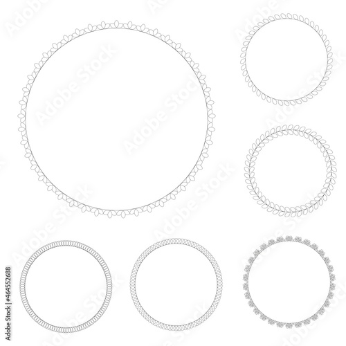 a set of ornaments of decorative elements arranged in a circle, black outline isolated on a white background, vector illustration