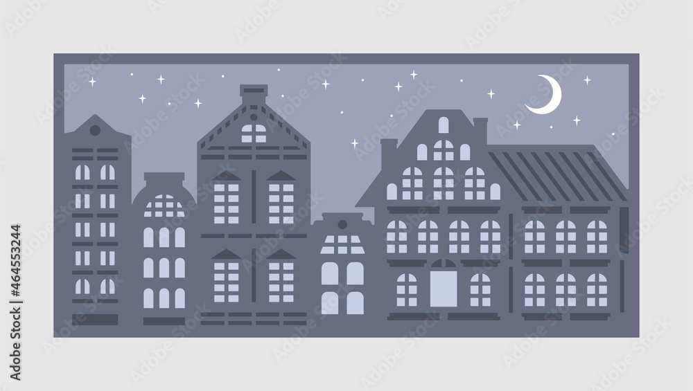 Rectangular horizontal poster Night city. Facades of houses of old European street, windows, doors. Dark sky with a moon, stars. Calm monochrome gray-blue colors, cozy atmosphere. Vector illustration.