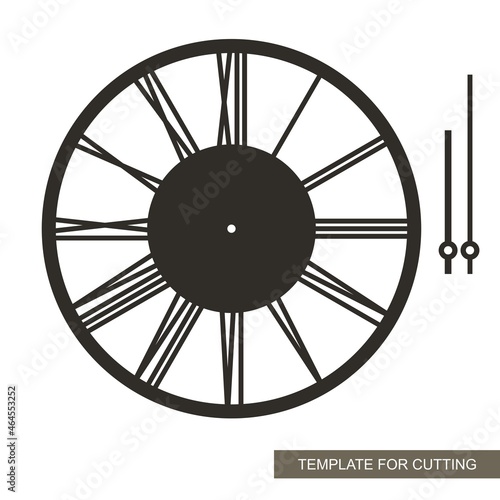 Stylish dial with Roman numerals. Wall clock with arrows in the loft style. Simple design  minimalism. Vector sample for plotter laser cutting of paper  plastic  wood carving  metal engraving  cnc. 