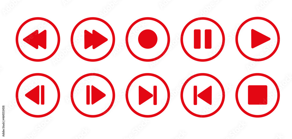 A set of icons for controlling the player, a square-shaped red fill with rounded corners, vector illustration A set of icons for controlling the player, a square-shaped red fill with rounded corners, vector illustration