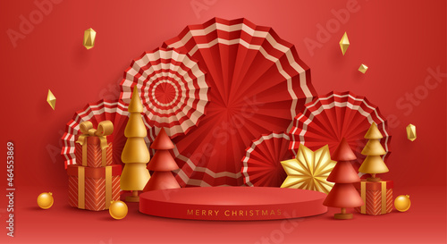 3D illustration of Christmas red and golden theme product display background with paper fan, Christmas festive decoration and podium.