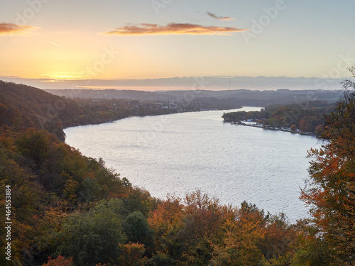Essen, Germany - View of Lake Baldeneysee at sunrise. A beautiful autumn landscape.