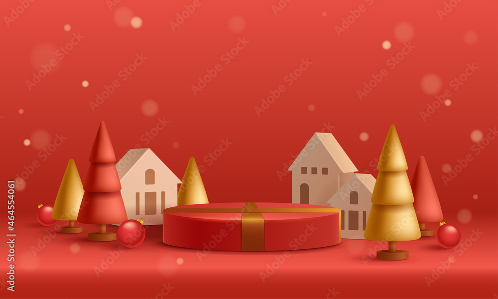 3D illustration of Christmas red and golden theme product display background with Christmas festive decoration and podium.