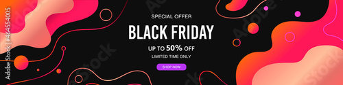 Modern background with abstract flowing dynamic elements and geometric shapes. Black friday sale discount. Final sale up to 50% off. Special offer. Banner, vector illustration.