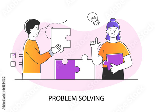 Problem solving concept. Man and woman hold puzzle pieces and connect them. Overcoming obstacles and achieving goals. Success Strategy. Cartoon modern flat vector illustration with inscription