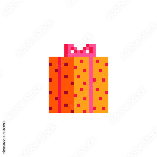 Gift box flat icon. Birthday present. Pixel art style. Web site design. 8-bit. Video game sprite. Isolated abstract vector illustration. Game assets.