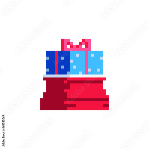 Presents bag and gift box. New Year greeting card design. Sticker design. Pixel icon. Isolated vector illustration