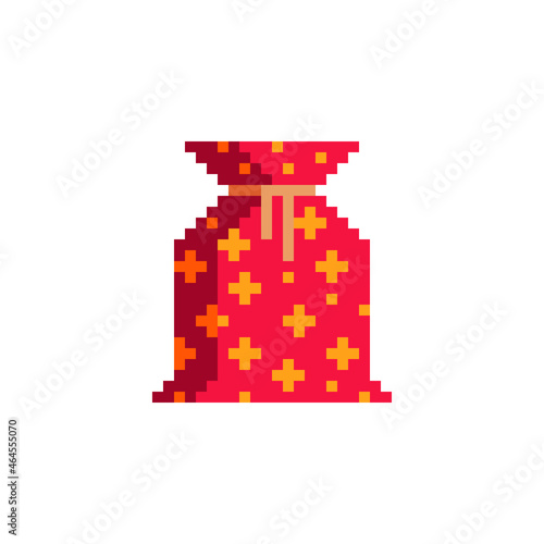 Presents red bag icon. New Year greeting card design. Pixel art style. Isolated vector illustration