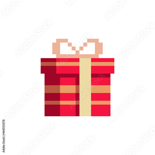 Gift box, birthday present flat icon. Pixel art style. Web site design. 8-bit. Video game sprite. Isolated abstract vector illustration. Game assets.