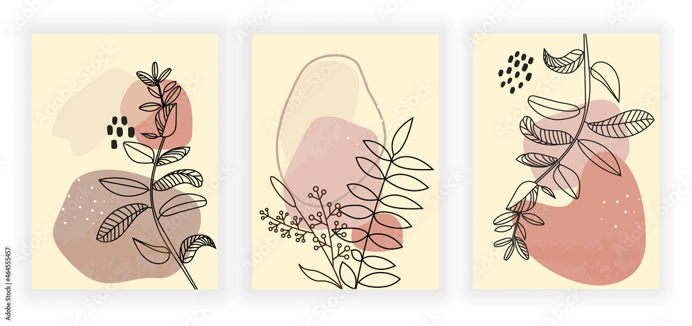 Botanical wall art set. Posters with leaves, lines and geometric shapes. Colorful design elements for postcards, covers and wall decoration. Cartoon flat vector collection isolated on white background