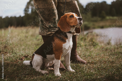 A beagle dog sits on the grass near the lake near the legs of a man in a khaki suit and brown rubber boots