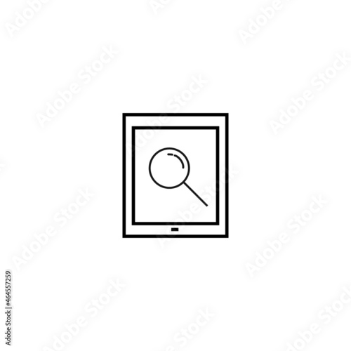 Сomputer technology concept. Modern outline illustration for banners, flyers and web sites. Editable stroke in trendy flat style. Line icon of magnifying glass on screen of tablet