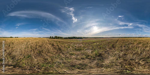 Fototapeta Naklejka Na Ścianę i Meble -  full seamless spherical hdri panorama 360 among autumn yellow farming fields with awesome clouds in equirectangular projection, ready for VR AR virtual reality content