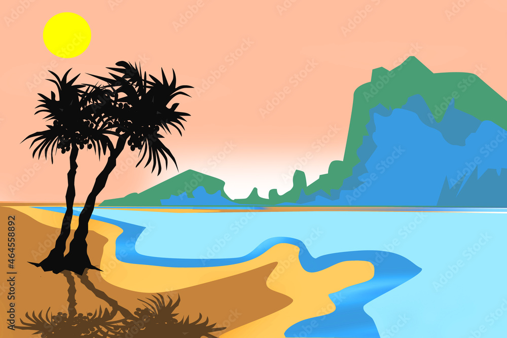 silhouette of a Palm in a forest Mountain and Sea