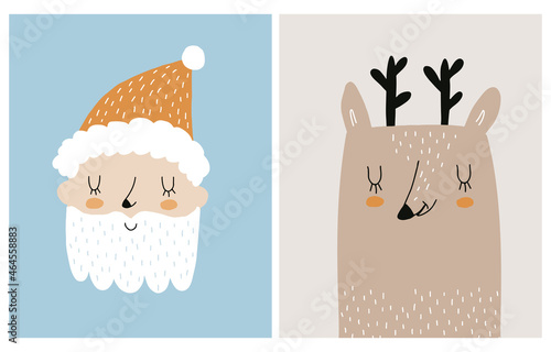 Funny Hand Drawn Vector Illustration with Cute Dreamy Deer and Funny Santa Claus Isolated on a Blue and Beige Background. Simple Infantile Style Winter Holidays Print ideal for Wall Art, Poster,Card. 